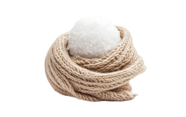 Woolen scarf wrapped around a snowball symbolizing warmth and cozy winter atmosphere isolated on transparent background PNG