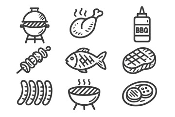 Barbecue and grilling icons set with meat, fish, sausages, skewers, and cooking grills