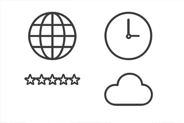Global network, time management, rating stars, and cloud storage line icons