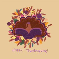 Happy Thanksgiving. Flat, minimalist design, a live turkey against the backdrop of a wreath of autumn leaves. For greeting cards, banners, flyers, print, Vector