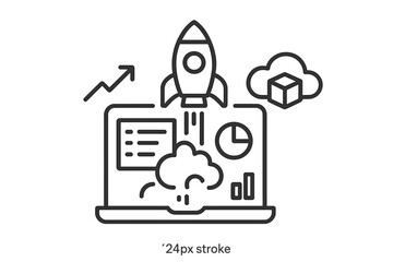 Business startup launch and data analysis on a laptop screen with cloud storage integration