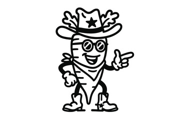 Funny cartoon carrot character dressed as a cowboy pointing finger and smiling happily