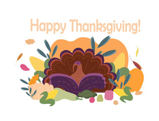 Minimalist image, illustration. Happy Thanksgiving, flat minimalist design. Greeting cards, banners, flyers, print with live turkey and autumn vegetables