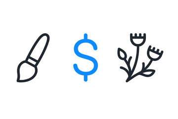 Minimal line icons: paintbrush, dollar sign, and flower symbolizing creativity, finance, and nature