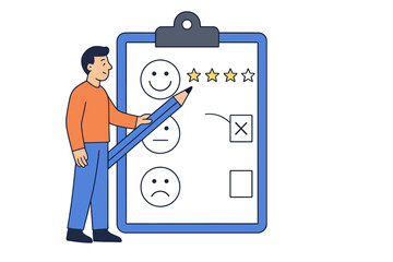 Customer satisfaction survey form rating with a man holding a pencil and selecting a star