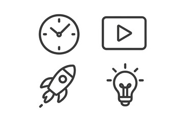 Symbols representing business startup, time management, video content, and creative ideas