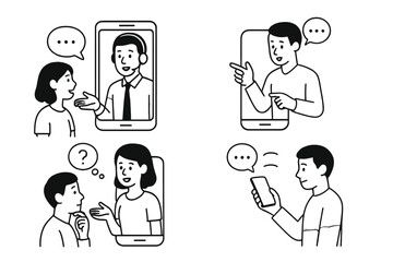 Set of four scenes showing people communicating via mobile phones for customer service and consultation