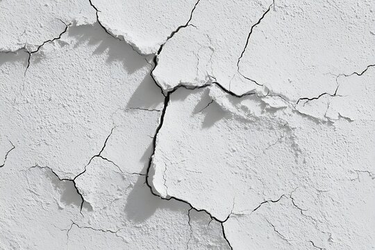 A detailed close-up of a white, textured surface with prominent, deep cracks and intricate patterns.