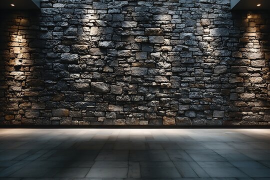 A dramatically lit rustic stone wall with a tiled floor, creating a moody and atmospheric empty interior space.