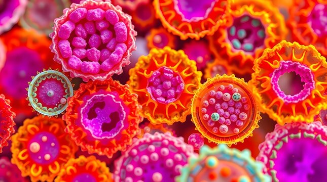 A vibrant close up of colorful abstract cellular structures with intricate details and bright hues
