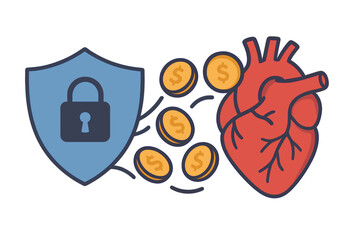 Shield protecting a human heart from financial costs symbolizing health insurance and medical savings