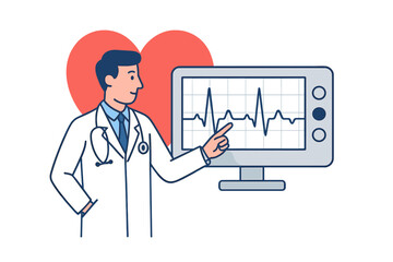 Medical professional showing a heartbeat graph on a cardiac monitor with a large red heart background