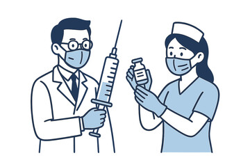 Doctor and nurse preparing medicine for injection using a large syringe and vial