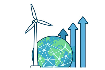 Obraz premium Sustainable energy development concept showing a wind turbine, connected globe, and rising arrows