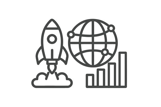 Startup rocket launch next to a global network sphere and rising financial bar chart icon