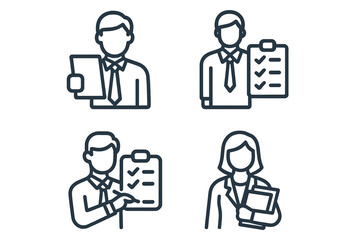 Business professionals icons set showing people holding documents and completing tasks checklist