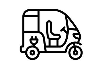 Outline icon of an electric auto rickshaw or tuk tuk with a charging symbol