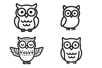Minimalist black and white outline icons featuring different cartoon owls