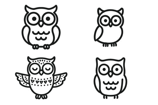 Minimalist black and white outline icons featuring different cartoon owls