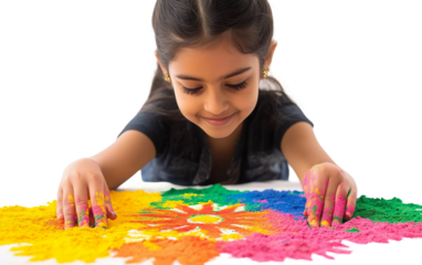 Young girl making intricate rangoli design using colorful Holi powders on the floor isolated on transparent background PNG