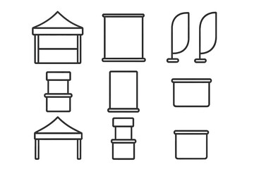 Promotional display equipment icons set for marketing events and trade shows © Mark