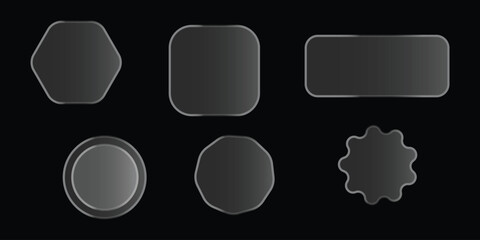 Set of six dark, glossy, abstract geometric shapes or buttons with rounded edges on