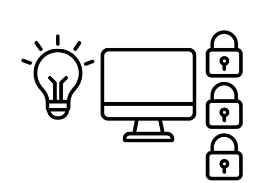 Digital data protection concept with light bulb, computer monitor, and security padlocks