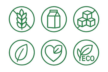 Set of food packaging labels featuring dietary restriction symbols including gluten free, sugar free, and natural eco icons
