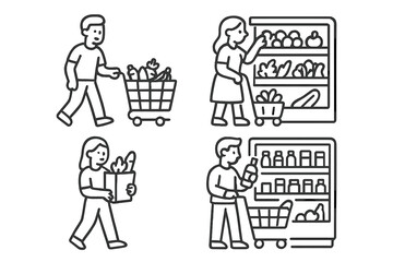 Customers pushing shopping carts and selecting items in a grocery store
