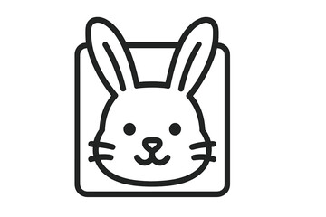 Minimalist black outline drawing of a cute rabbit head with whiskers in a rounded frame