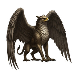 Illustration of a griffin with large wings standing on its feet with a fierce expression shown clearly on transparent background