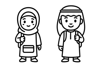 Cute cartoon drawing of two Arab children students wearing traditional clothes and school backpacks