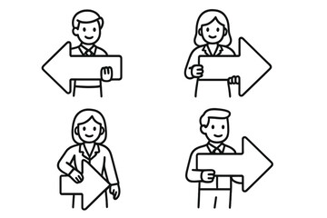 Business people holding large directional arrows pointing left and right in a simple line art