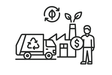 Sustainable industrial production and recycling economy with a garbage truck and factory building