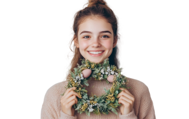 Happy female celebrating Easter with colorful egg in hands showing joyful expression isolated on transparent background PNG