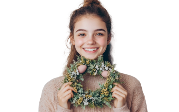 Happy female celebrating Easter with colorful egg in hands showing joyful expression isolated on transparent background PNG