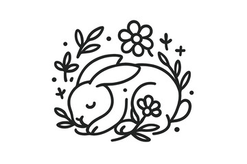 Minimalist sleeping rabbit surrounded by delicate spring flowers and botanical elements