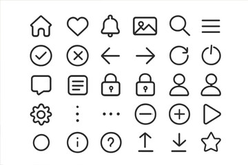 Modern essential user interface icons set for web and mobile applications covering navigation and settings