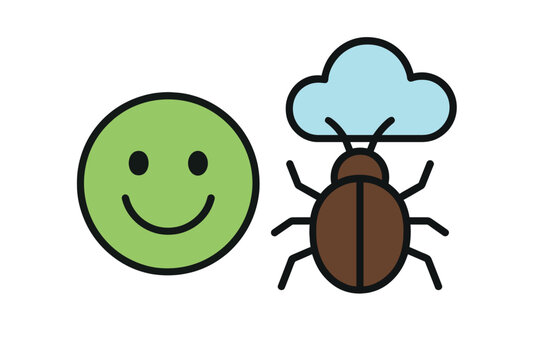 Simple icons depicting a happy face emoji and a bug with a cloud overhead