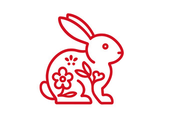 Stylized red outline of a sitting rabbit decorated with traditional Asian floral elements for Lunar New Year