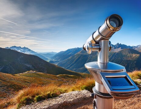 scenic mountain landscape with a silver observation telescope focused on distant view and natural