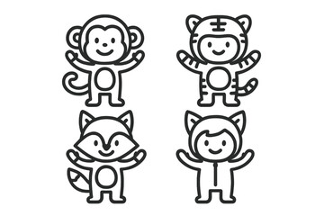 Cute cartoon animal characters set including monkey tiger fox and cat costume