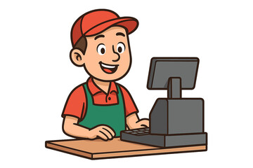 Friendly male cashier wearing uniform operating a modern cash register machine