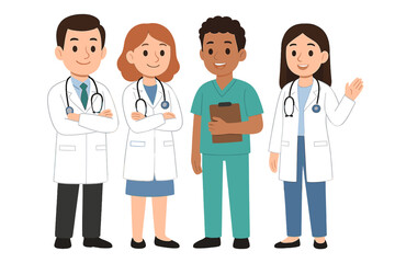 Smiling diverse group of physicians and medical staff wearing lab coats and scrubs