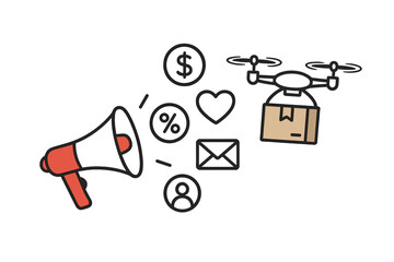 Digital marketing promotion and drone delivery service concept with engagement icons