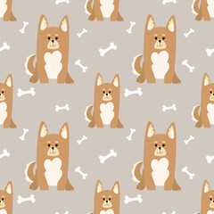 Cute doggies seamless pattern. Pet objects and dogs isolated on light background. Seamless pattern with cartoon corgi dogs and bones, dog food .Vector.Design for packaging of products and dog food.