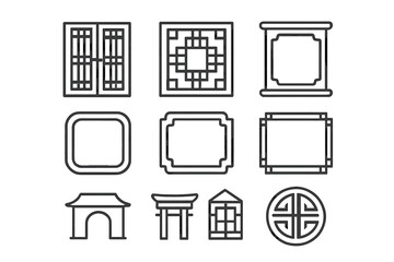 Traditional Asian window frames and decorative architectural elements in outline