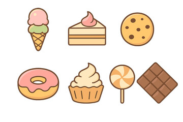 Sweet desserts and sugary snacks set with ice cream, cake, donut, and chocolate bar