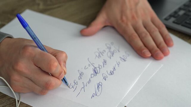 Writing a script at a desk in an office.
A man writes with a pen on a white sheet of paper.
A copy editor writes with a pen in an office.
A man writes a text on paper.
Text, script, documents, editor,
