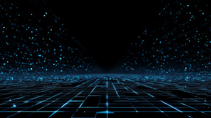 A futuristic digital landscape with glowing blue grids and particles in a dark void, perfect for tech-related projects.